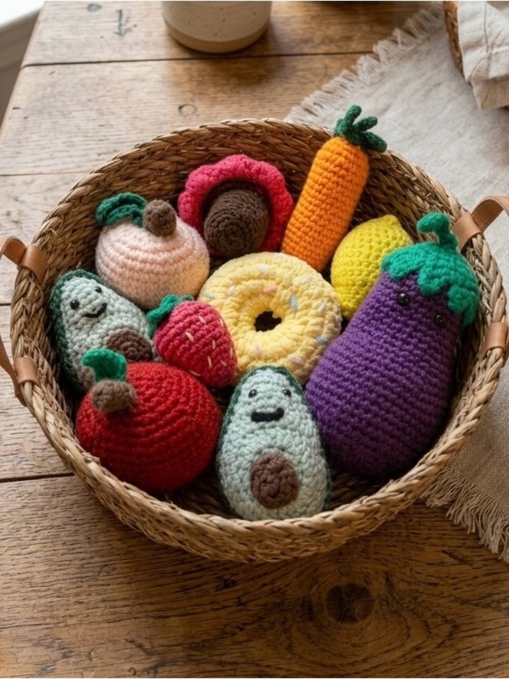 Handmade Crochet Play Food Set - 9pc Amigurumi Fruits, Veggies & Donut